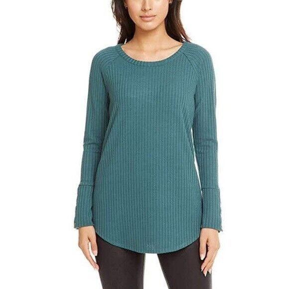 Chaser Tops - Chaser Womens Waffle Knit Thermal Top Long Sleeve Size Small Teal Green Shirt